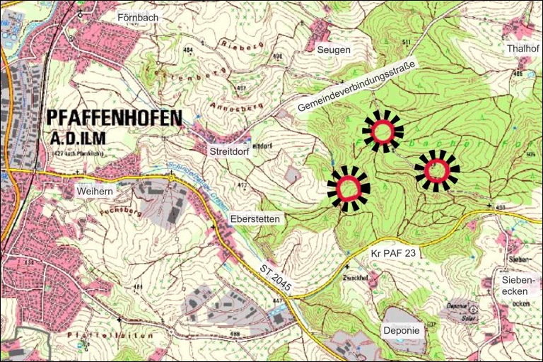 Hier sollen die drei Windräder entstehen. Quelle: Stadtverwaltung Pfaffenhofen