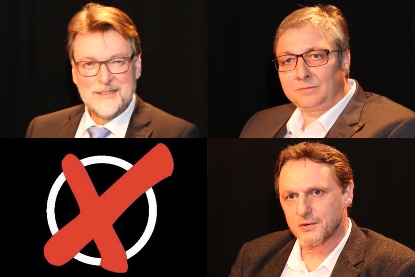 Amtsinhaber Martin Wolf (CSU, links) setzte sich am 7. Mai klar gegen Franz Niedermayr (FDP, rechts oben) und Norbert Ettenhuber (Grüne) durch.
