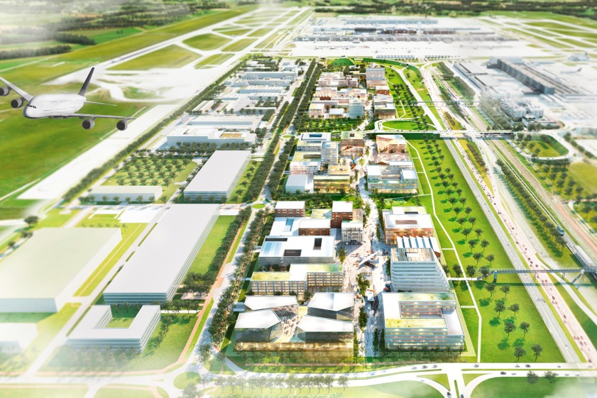 So könnte der "LabCampus" im Endausbau aussehen: In vier Quartieren wird auf einer Fläche von 500 000 Quadratmeter Raum für Innovationen geschaffen. Das erste Quartier wird im Westen des Geländes realisiert und auf etwa 120 000 Quadratmeter Fläche Platz für zirka 5000 Arbeitsplätze bieten. Erste Gebäude können in etwas mehr als zwei Jahren bezogen werden, hieß es heute. Quelle: FMG