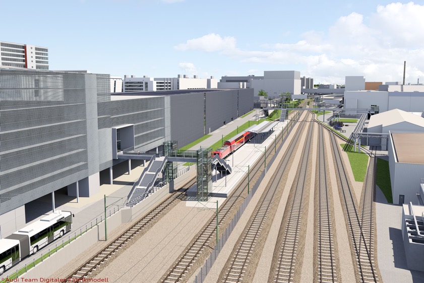 So soll der neue Bahnhalt Ingolstadt Audi einmal aussehen. Simulation: Deutsche Bahn