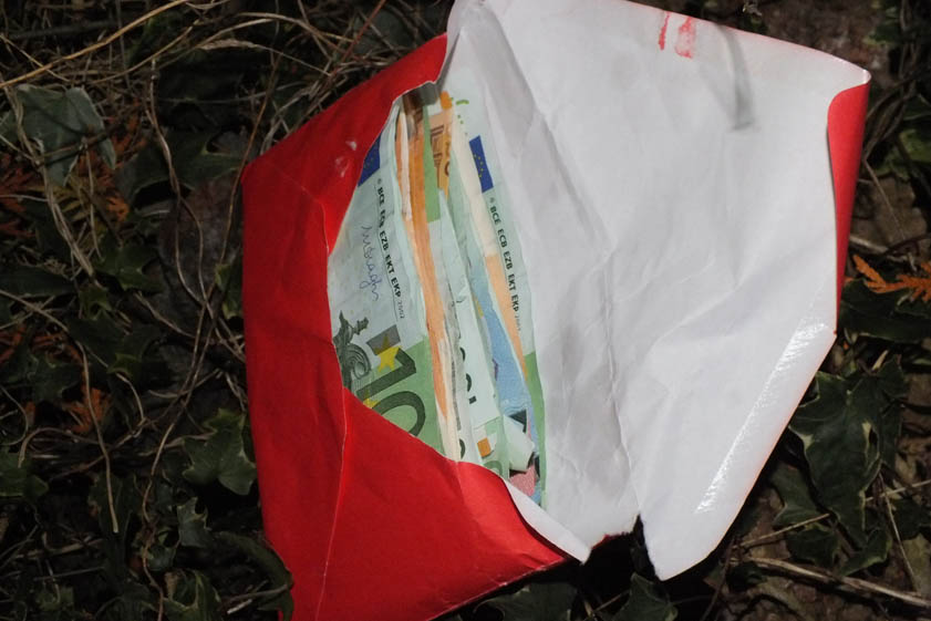 Bargeld und Marihuana (siehe Foto unten) wurden im Garten vor dem Fenster aufgefunden und sichergestellt. Fotos: Polizei