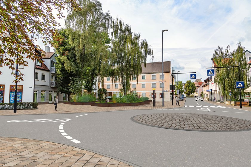 Visualisierung des geplanten Kreisverkehrs. Grafik: Beck, Foto: Steinbüchler