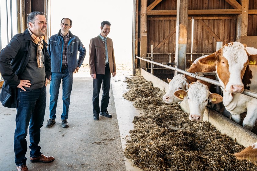 Der Pfaffenhofener Bürgermeister Thomas Herker (von links), Landwirt Vitus Ostermair und Christian Wagner von der Andechser Bio-Molkerei im Kuhstall von Vitus Ostermair. Fotos: Sammetinger