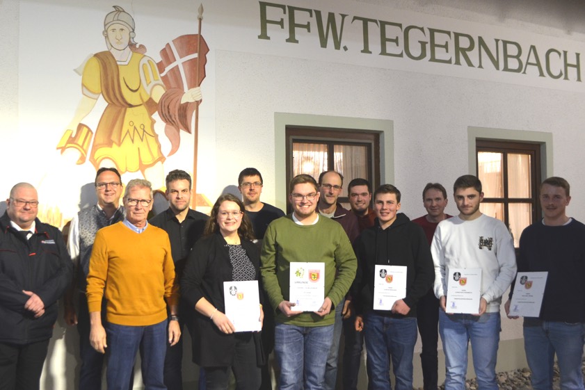 Die geehrten Feuerwehrler mit Vize-Bürgermeister Roland Dörfler, Kreisbrandrat Christian Nitschke sowie Vorstands-Vertretern und Kommandanten. Foto: oh