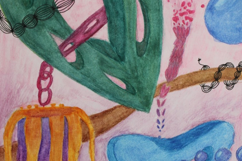 Magdalena Bauer arbeitete für dieses abstrakten Werk mit Farbstiften sowie mit Aquarellfarben und -stiften; sie setzte sich mit den Beziehungen von Körpern im Raum auseinander. Hier ein Ausschnitt, unten das komplette Bild. Foto: Magdalena Bauer