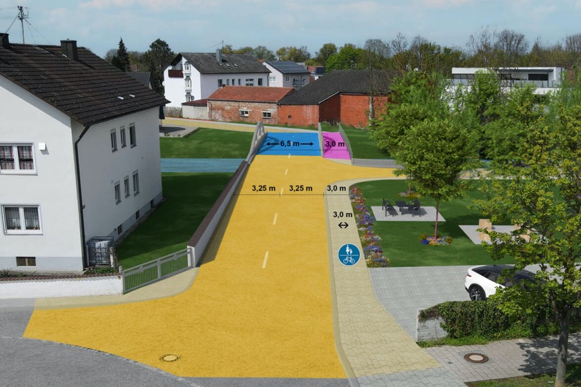 Die geplante Brücke ist blau (Fahrbahn) und magenta (Rad- und Fußweg) gekennzeichnet. Die gelbe Markierung zeigt den Anstieg der Schul- und Paarstraße zur Brücke hin. Foto / Grafiken: Gemeinde Manching